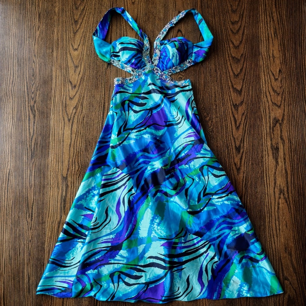 Y2K Beaded Prom Dress Open Back Turquoise Low Back Formal Gown